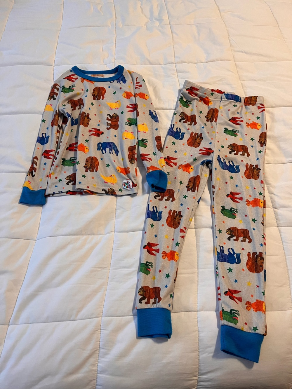 Kids Animal Print Long Sleeve Pajama Set with Blue Trim